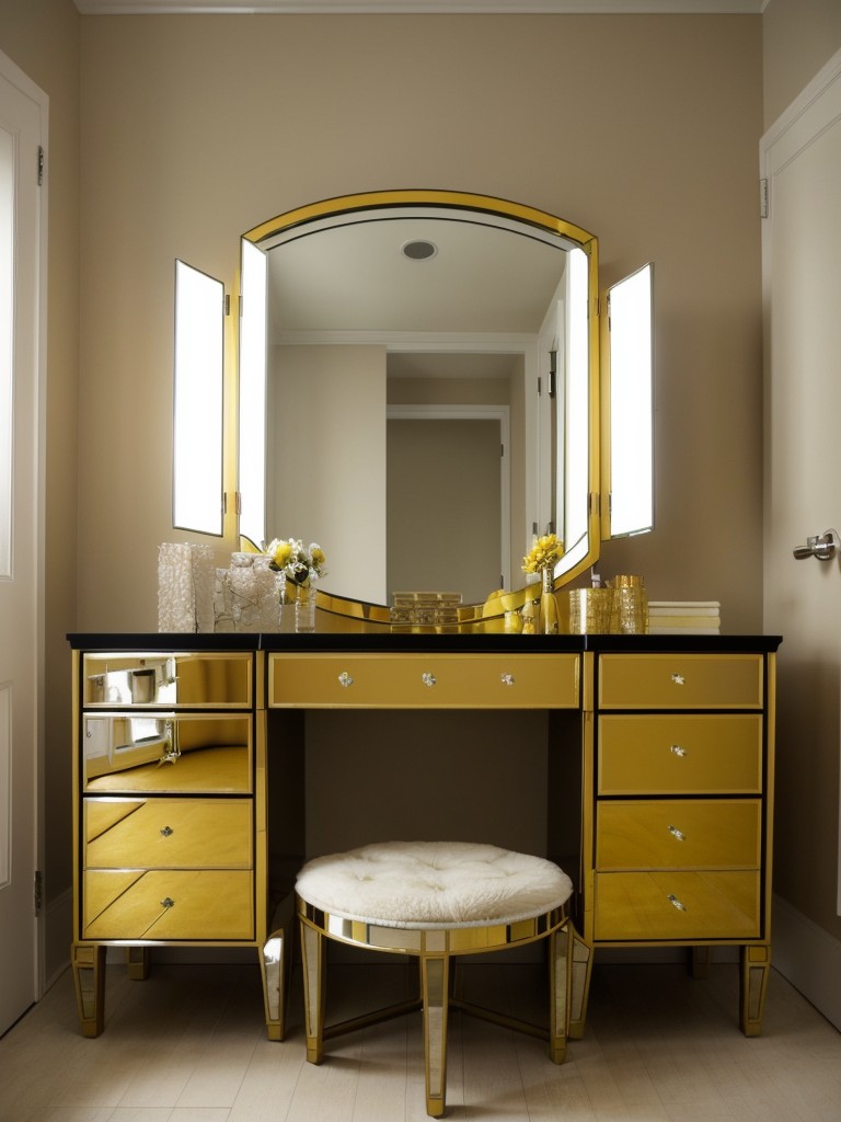 Stunning yellow bedroom ideas: Glam up your space with a mirrored vanity and dazzling vanity lights!