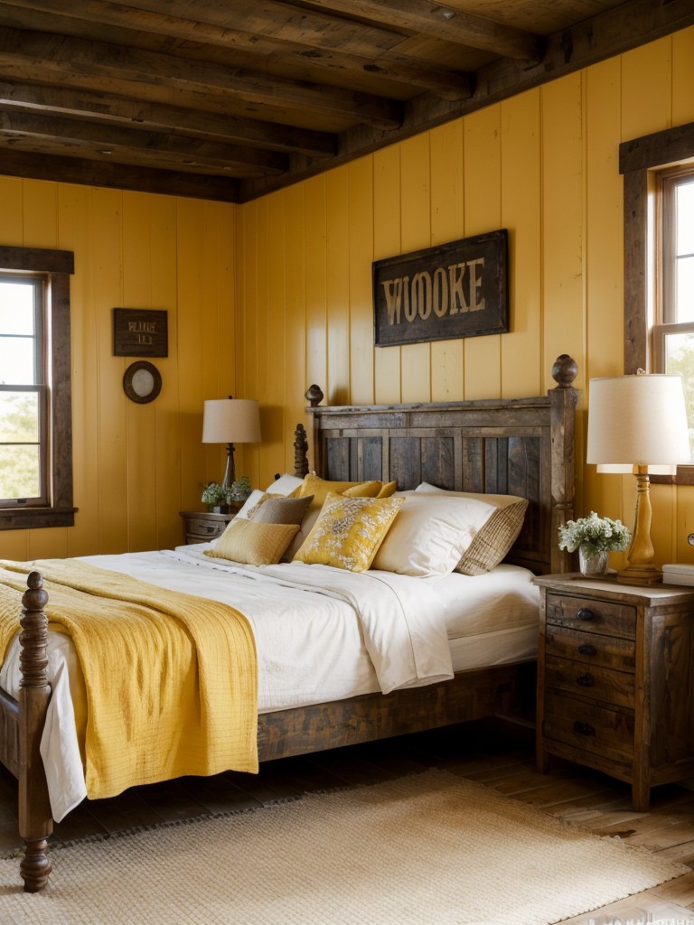 Radiant Charm: Rustic farmhouse apartment with yellow bedroom decor