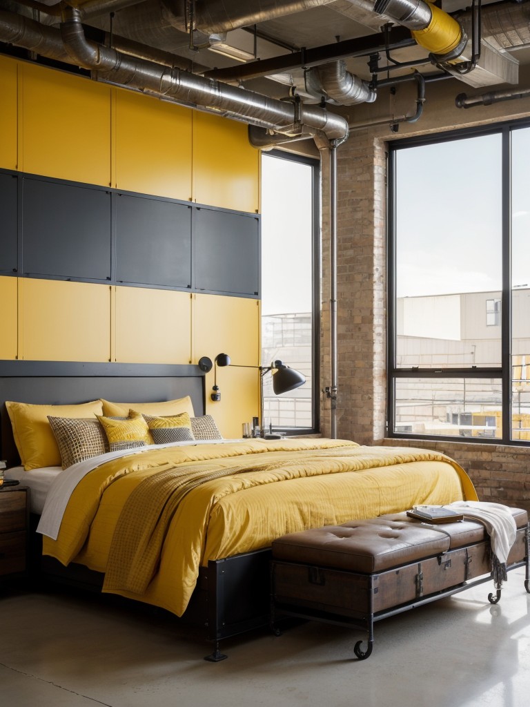 Modern industrial chic: Elevate your apartment with bold yellow bedroom decor!