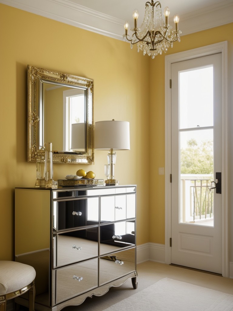 Sparkling Yellow Bedroom: Glam up your space with mirrored furniture & chandeliers!