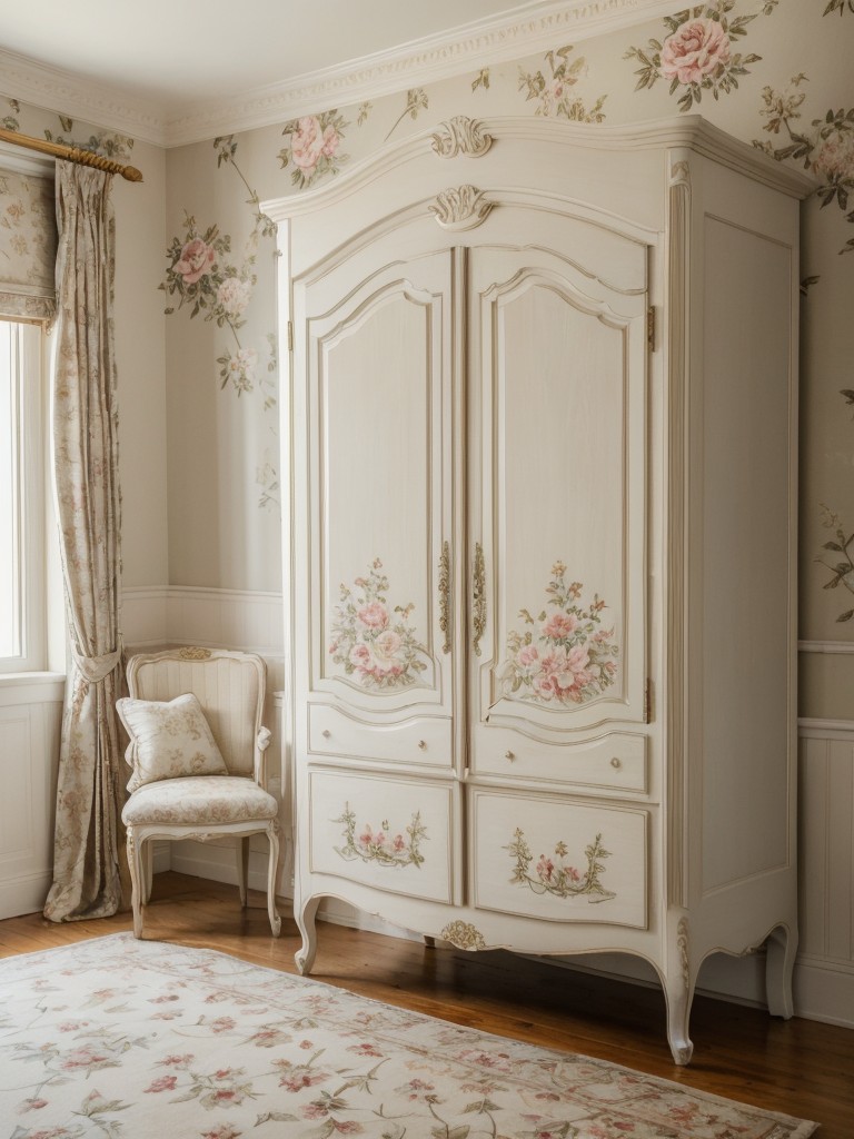 Vintage-inspired apartment charm: Hand-painted walls, French armoire & cozy seating