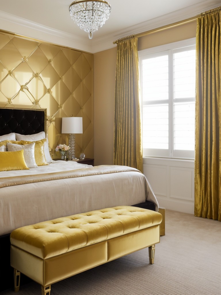 Golden Vibes: Glam up your bedroom with mirrored furniture and luxurious velvet accents.