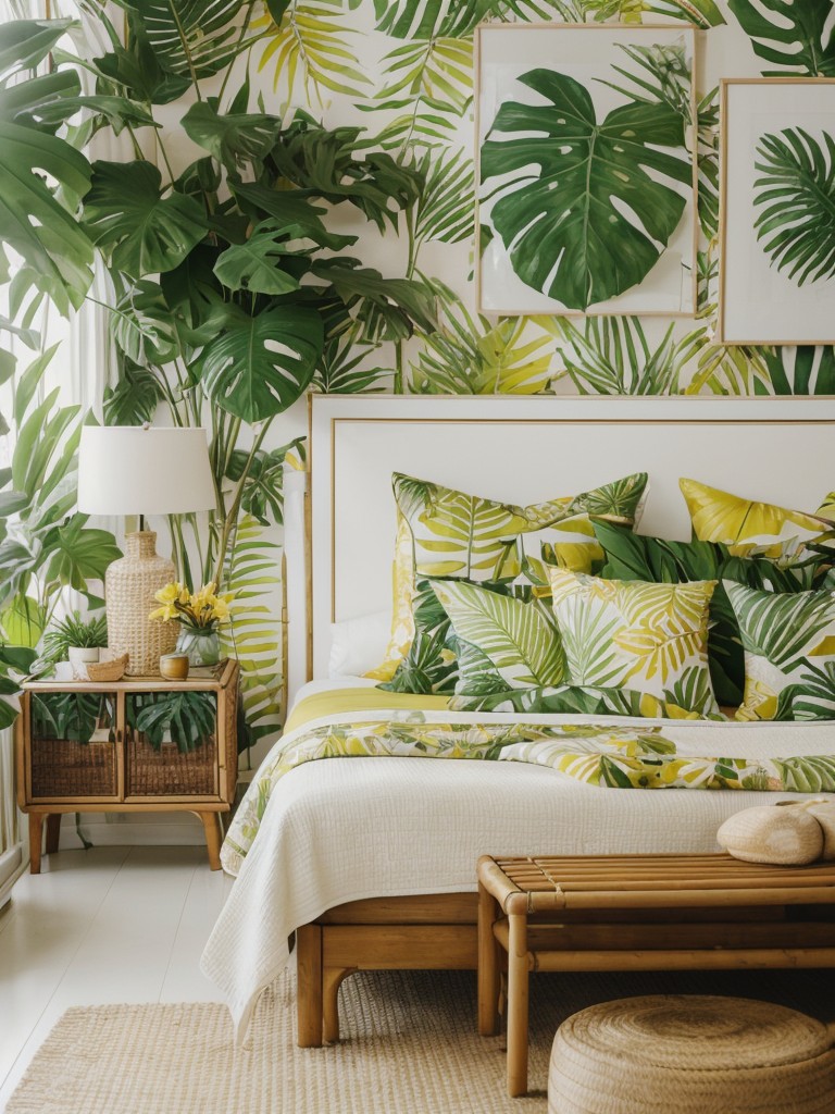 Jungle Vibes: Tropical-inspired bedroom with botanical prints and rattan furniture!