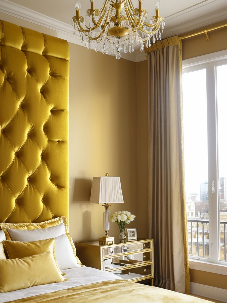 Luxurious yellow bedroom ideas: Velvet headboard, gold accents, crystal chandelier!