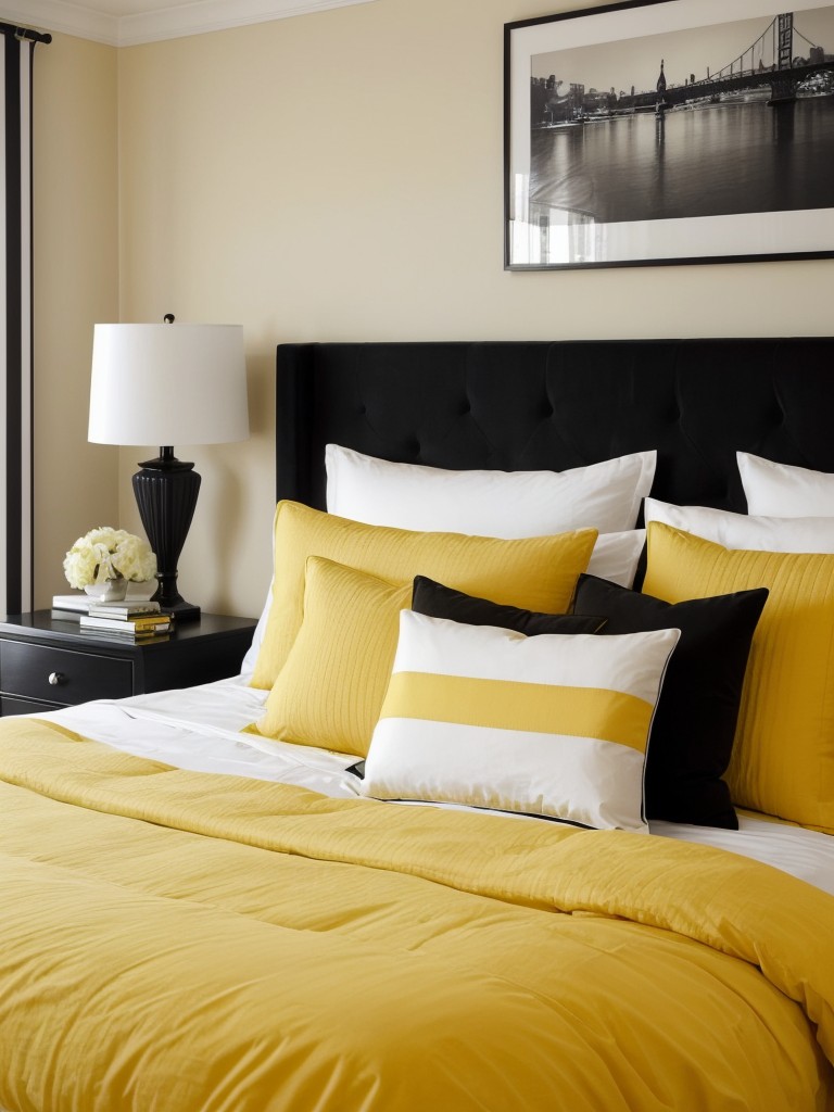 Chic monochrome bedroom: Add sophistication with black and yellow elements!