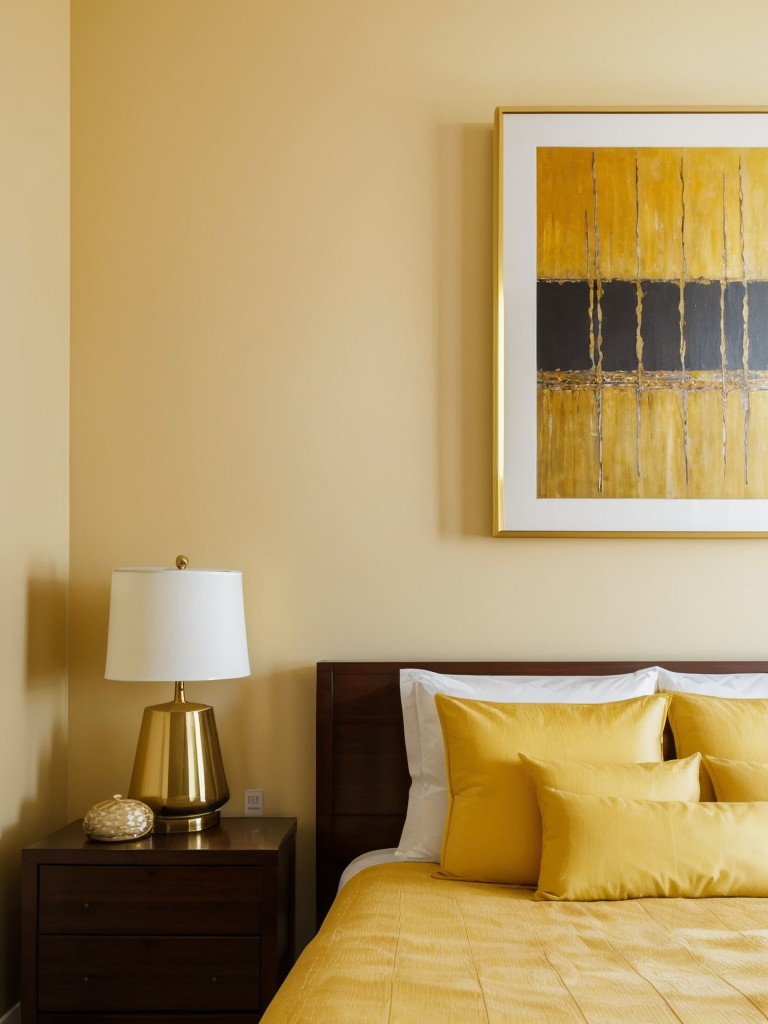 Sunny vibes: Elevate your apartment with yellow bedroom decor, featuring an art gallery wall.