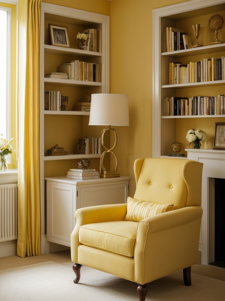 Cozy chic: Create an elegant yellow bedroom with a reading nook and built-in bookshelf.