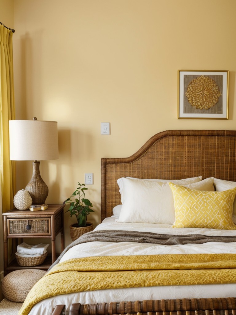 Boho bliss: Elevate your apartment with yellow bedroom decor for a touch of modern elegance!