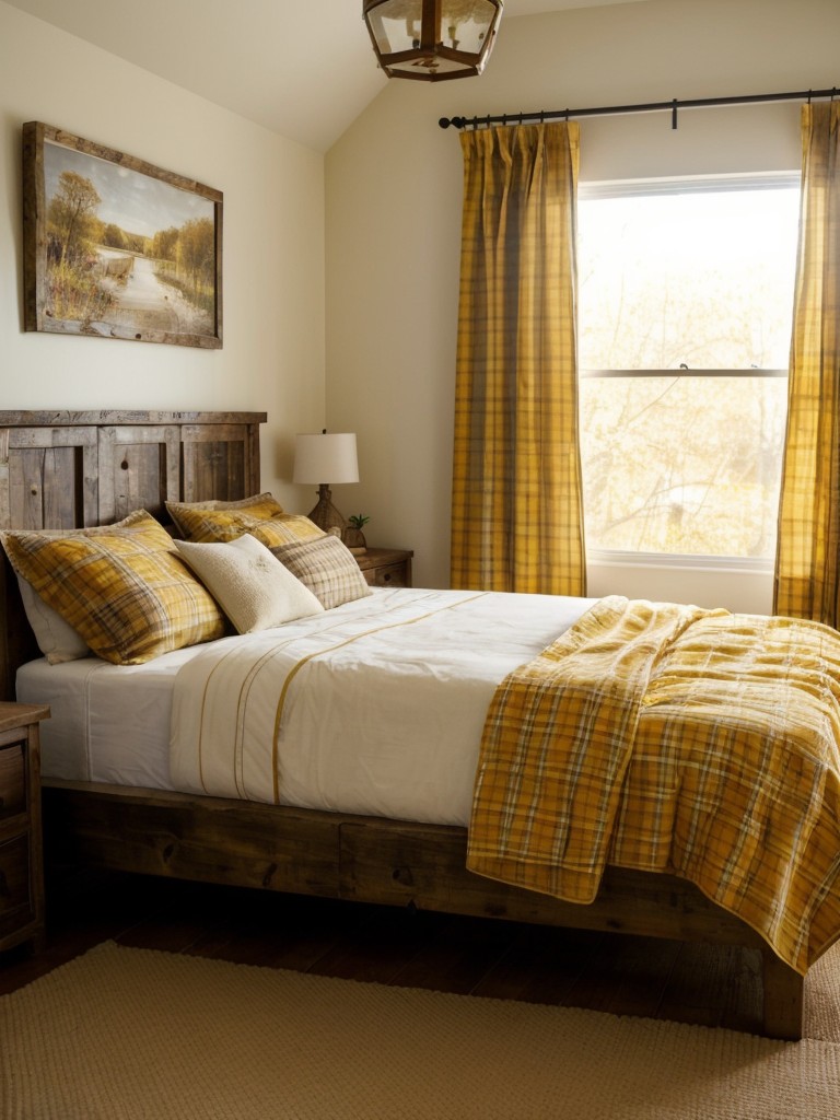 Cozy rustic vibes: Turn your apartment into a warm haven with reclaimed wood and plaid blankets!