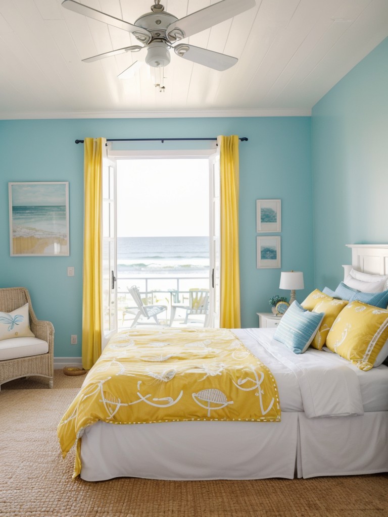 Coastal-inspired bedroom: Add a pop of color with yellow accents!