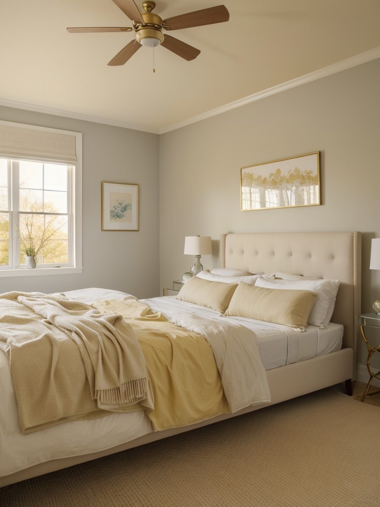 Golden hour inspiration for a serene yellow bedroom. Neutral tones for a calming atmosphere.