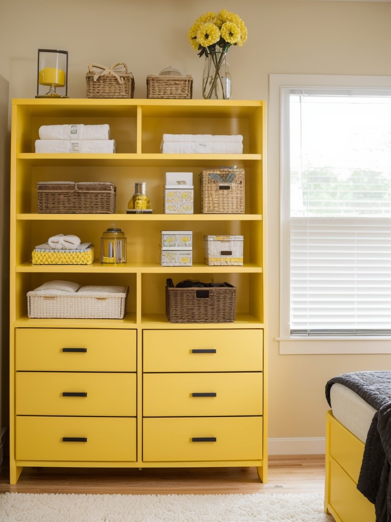 Add energy to your bedroom with stylish yellow decor and smart storage solutions