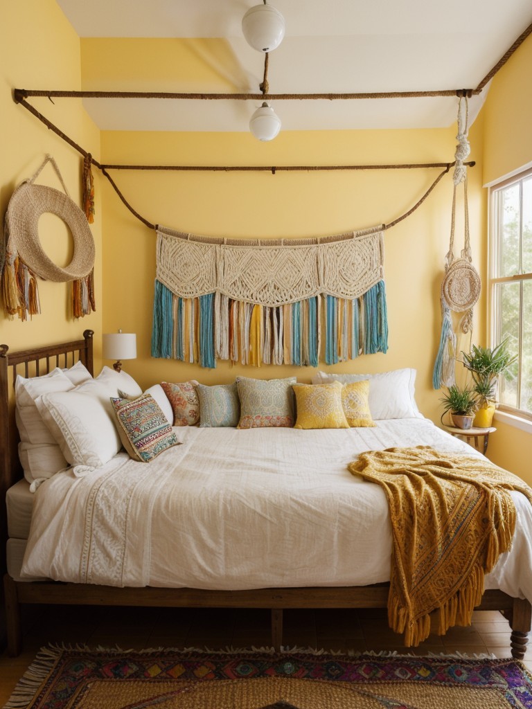 Revamp your bedroom with vibrant yellow accents. Bohemian vibes: Textiles, macrame, and a low bed.