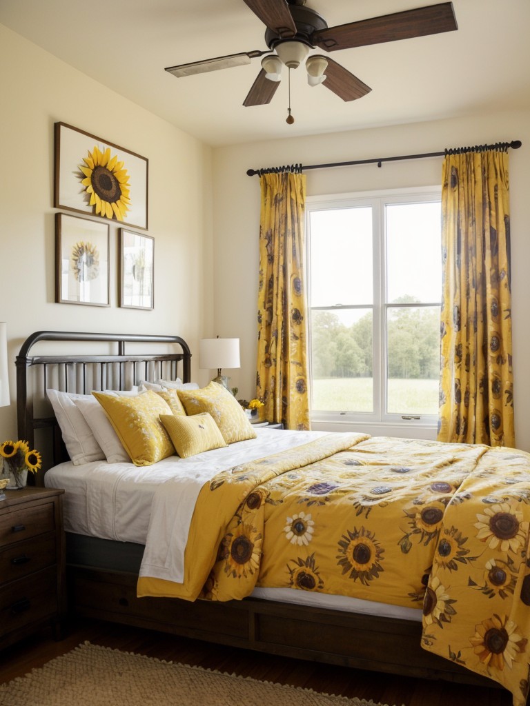 Farmhouse-inspired yellow bedroom decor with sunflower charm