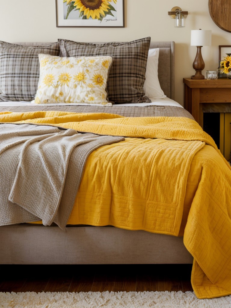 Sunflower-inspired bedroom: Elevate your apartment with vibrant yellow decor.