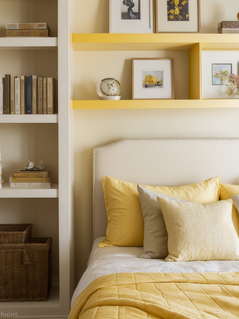 Yellow-themed apartment: Cozy bedroom decor ideas with custom shelving