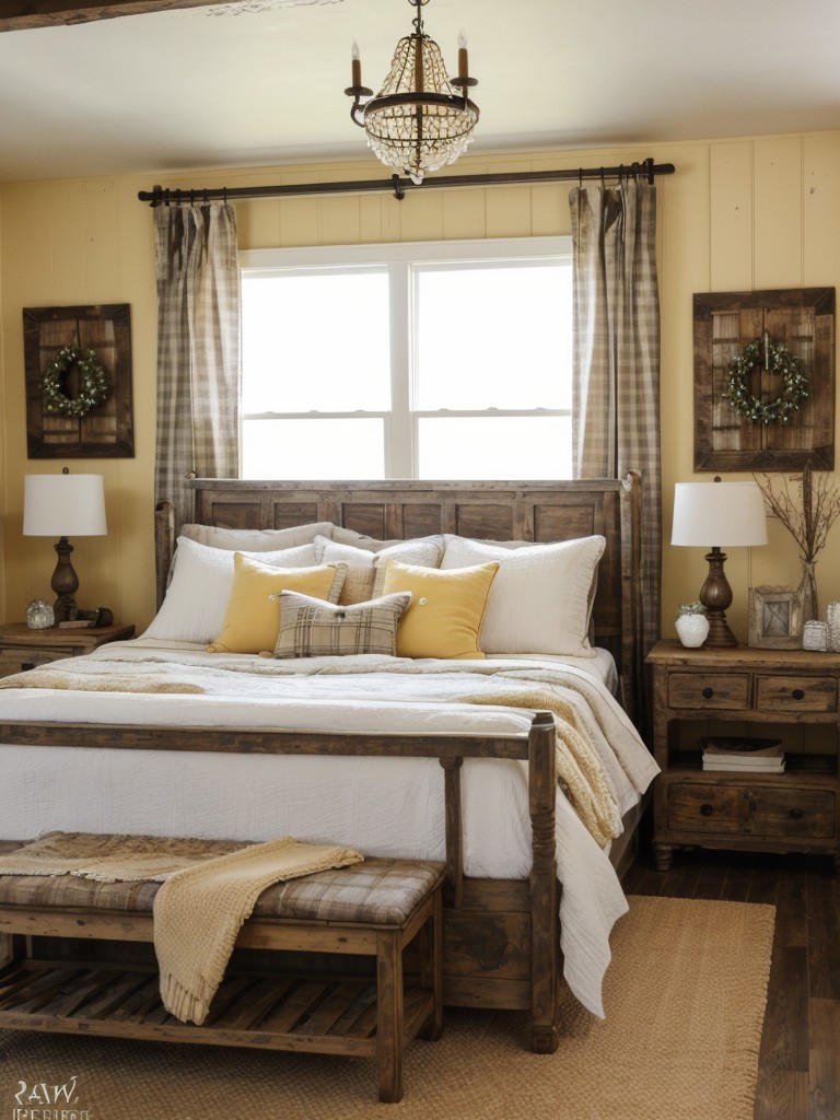 Transform your apartment with rustic farmhouse vibes: cozy, vintage-inspired yellow bedroom decor!