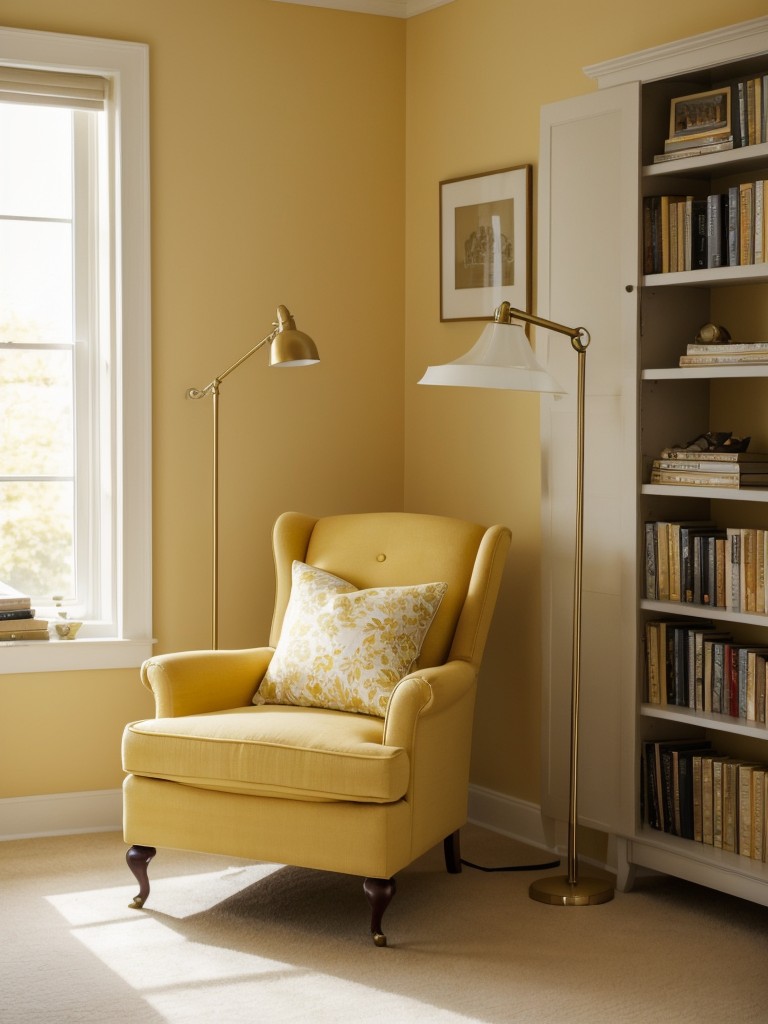 Stunning yellow bedroom makeover: Cozy nook with comfy chair and bookshelf