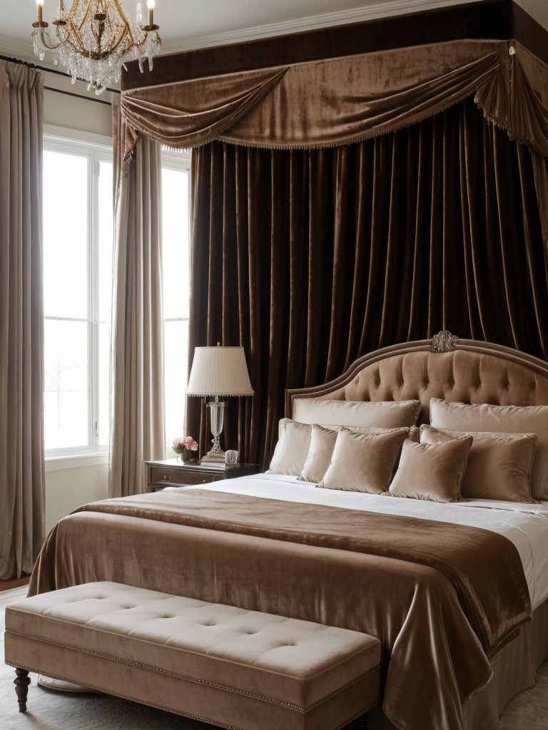 Luxe Apartment Bedroom Ideas: Velvet Drapes, Four-Poster Bed, Chandelier