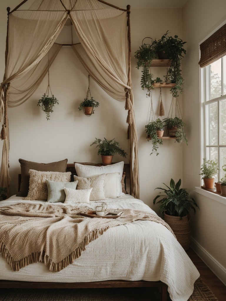 Boho Bliss: Dreamy Brown Bedroom Decor with Canopy Bed & Plant Paradise