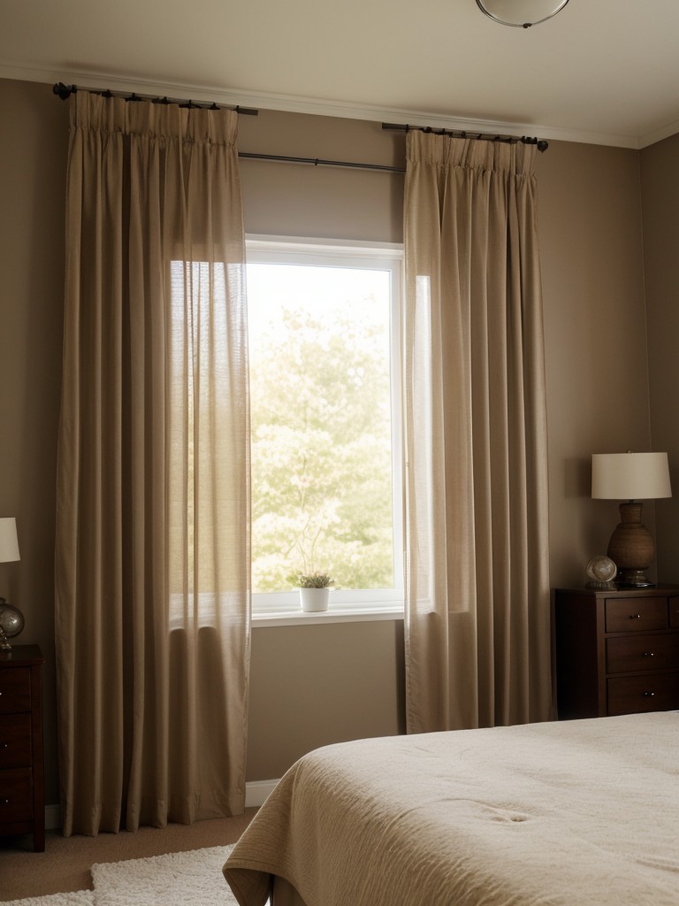 Cozy Brown Bedroom: Embrace Serenity with Sheer Curtains.