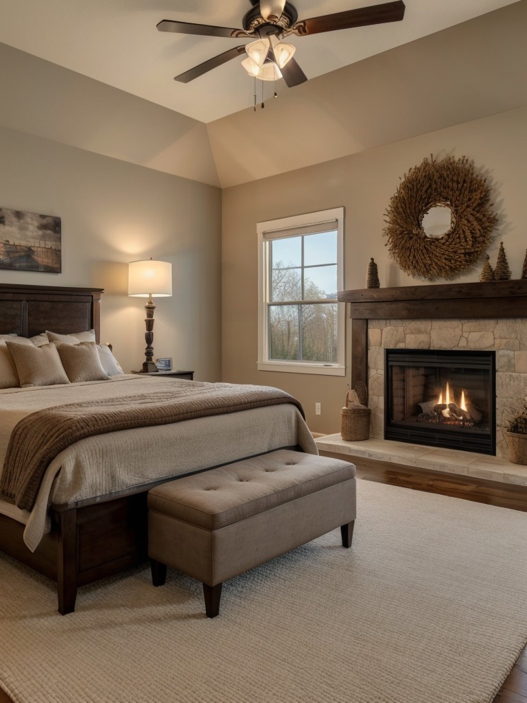 Cozy Apartment Bedroom Vibes: Fireplace, Plush Seating, Soft Rug