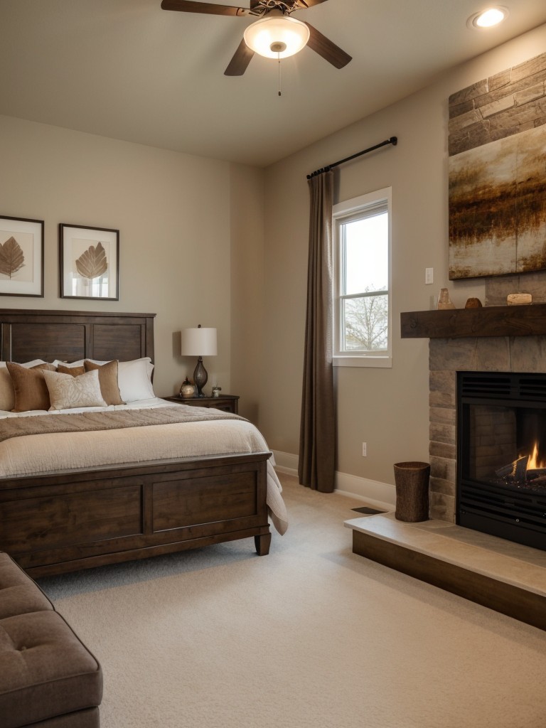 Warm & inviting bedroom decor with cozy fireplace & plush seating.